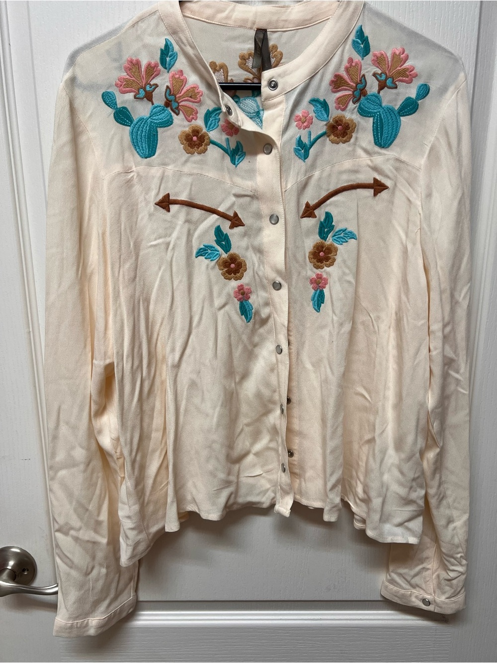 Stetson Cream Western Button-Up Blouse with Teal & Pink Floral Embroidery